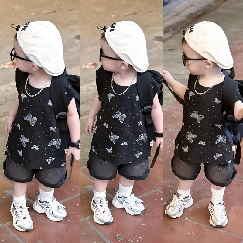 MỠ.KIDS C345 SET bộ quần áo BA LỖ BƯỚM bling bling QUẦN JEAN đính đá mềm size 10-27kg