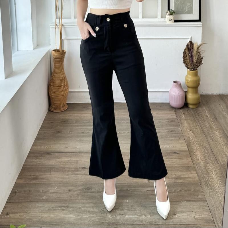 Celana Cutbray Bahan Soft Jeans Import Premium / Bahan Melar / High Quality / Celana Panjang Wanita celana korean style cut bray cutbray wanita celana  panjang Hitam Karet 3