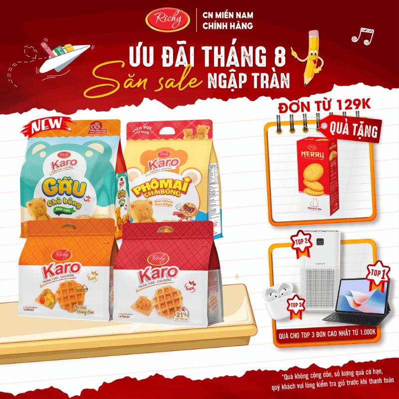 TOP Combo 4 bịch bánh Karo Richy trứng tươi chà bông sợi gà, phô mai hoàng ki