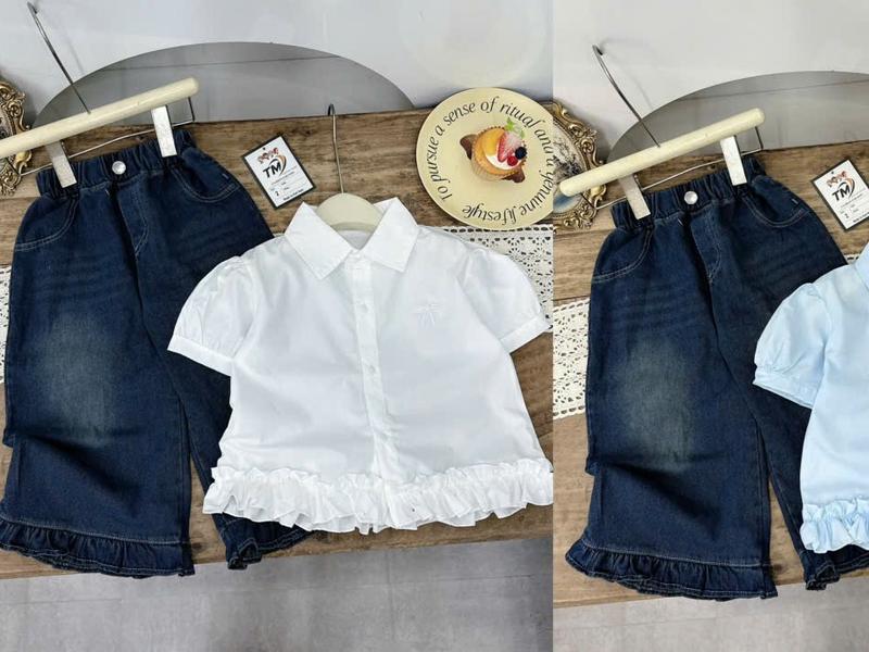 [Nini Kids]-DEAL XẢ HÀNG Sét áo thêu nơ kèm quần Jean mềm cho bé Gái chất liệu mềm mát đủ size 10-35kg ( H12 Jean- xanh trắng )