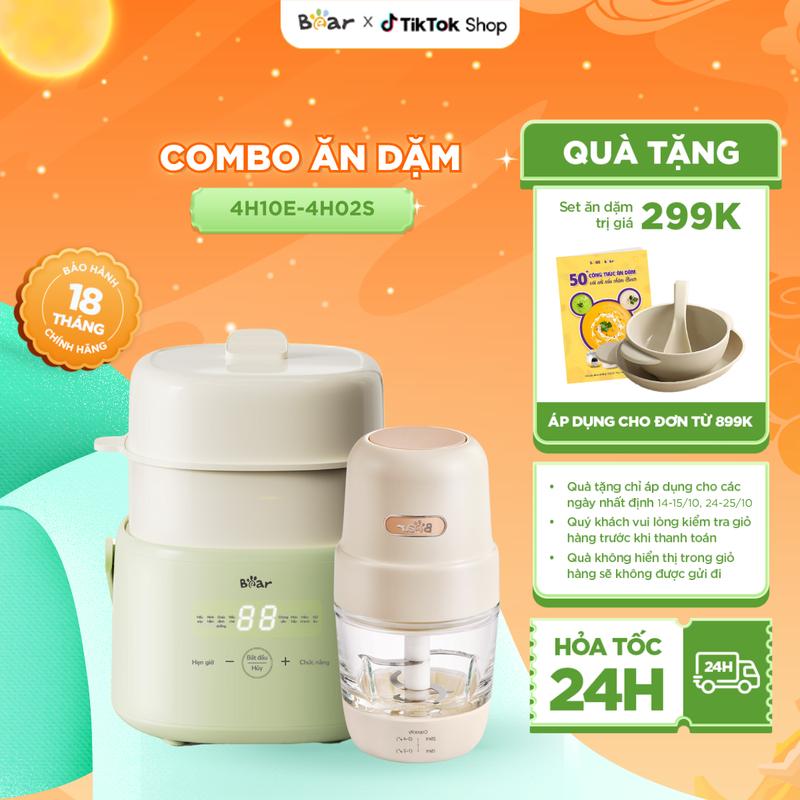 [Tặng Cẩm nang ăn dặm] Combo Ăn Dặm Bear Nồi Nấu Chậm 1L 4H10E Và Máy Xay Ăn Dặm 0.3L 4H02S Cho Mẹ Và Bé Combo Ăn Dặm Máy Xay Thực Phẩm