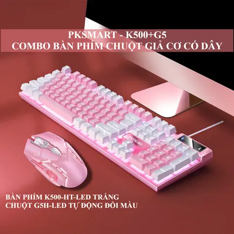 COMBO Bàn Phím Chuột Giả Cơ Có Dây - PKSMART K500+G5 - LED Xuyên Chữ - Nhiều Màu Đen Trắng Xanh Hồng