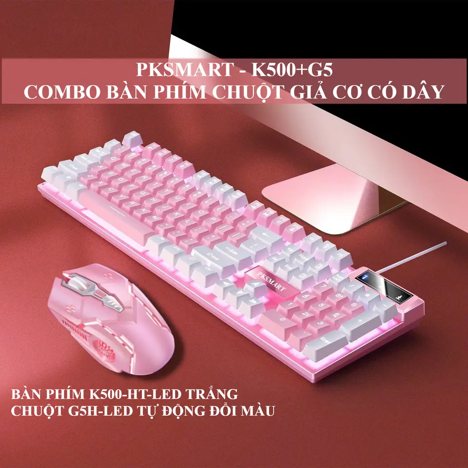 COMBO Bàn Phím Chuột Giả Cơ Có Dây - PKSMART K500+G5 - LED Xuyên Chữ - Nhiều Màu Đen Trắng Xanh Hồng