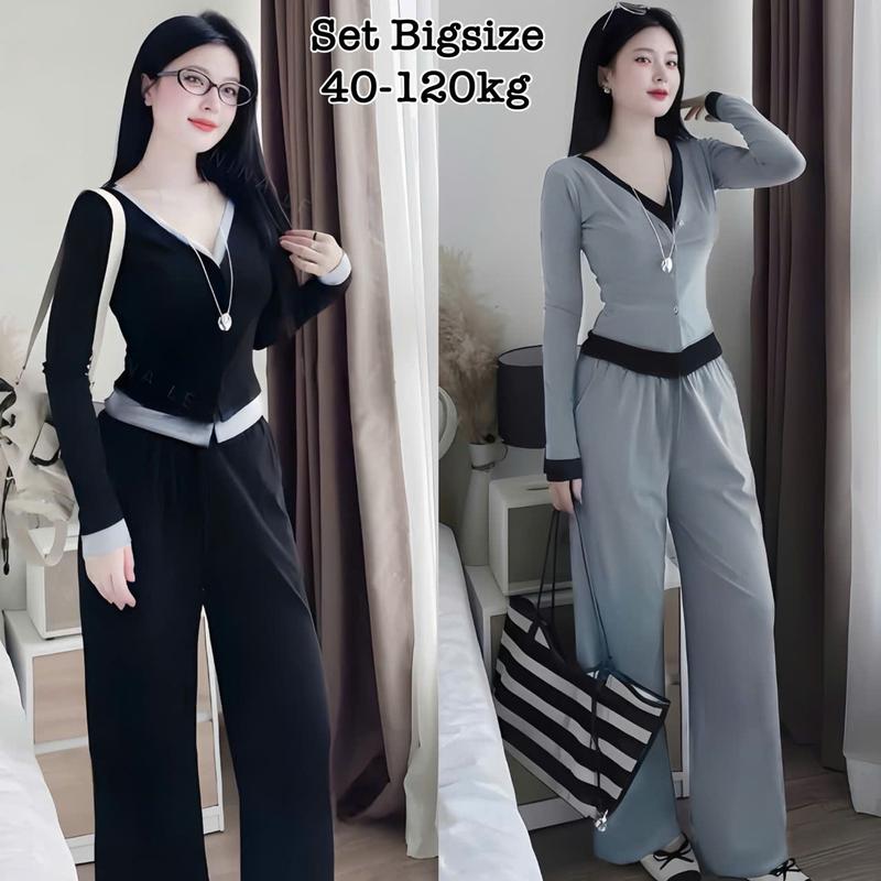  Thời Trang Bigsize - Set Bộ Tay Dài 2 Lớp Bigsize Áo Cổ V Chất Vải Ruby Pháp Kèm Quần Ống Suông Form Rộng Rãi Che Giấu Bụng Hot Hit cổ V Nữ Chuppy Cao Cấp Thích Hợp Đi Làm Đi Chơi Đều Xinh Đẹp Sang Trọng Dễ Thương Giá Rẻ 40-120kg 2524 