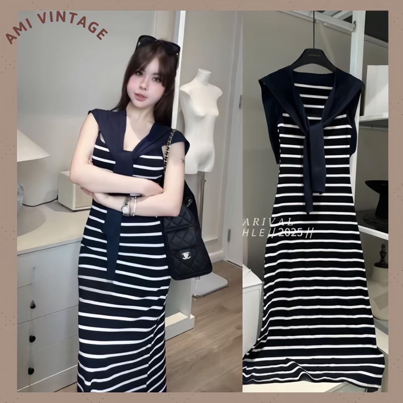 ĐỦSIZE 38-68kg TẶNG KHĂN Váy 2 Dây Body Kẻ Ngang Đen Trắng Dáng Dài