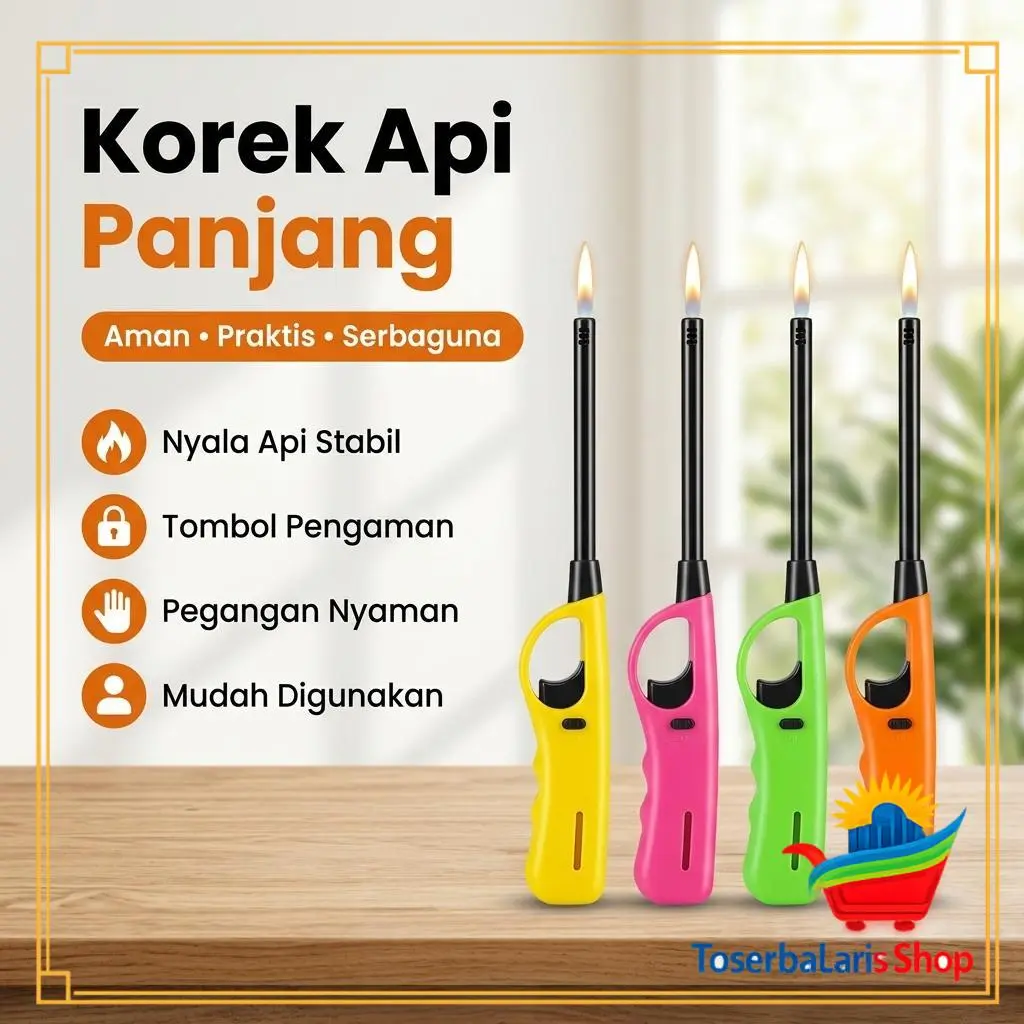 Korek Api Gas Panjang Lighter Pemantik Kompor Gas Lilin Dupa BBQ Perapian Praktis Ringan Mudah Digunakan Pengaman Safety Lock Warna Random