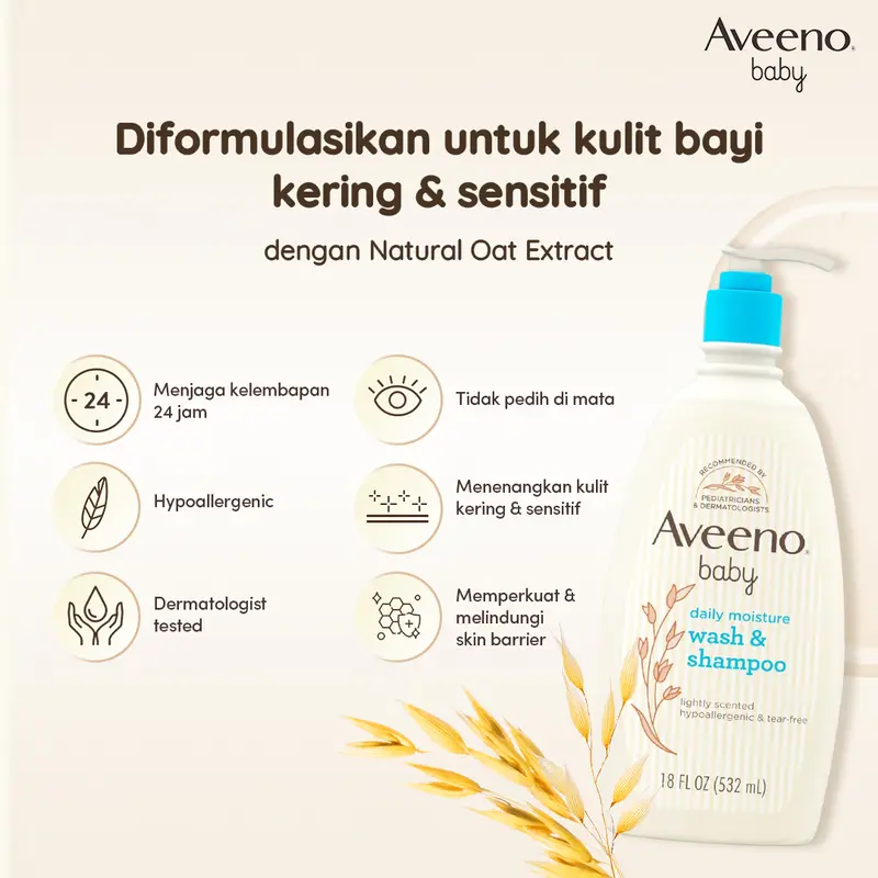 AVEENO BABY Daily Moisture Wash & Shampoo 532 ml -  Sabun Mandi & Sampo Bayi Cair Pelembab Kulit Kering dan Sensitif 2