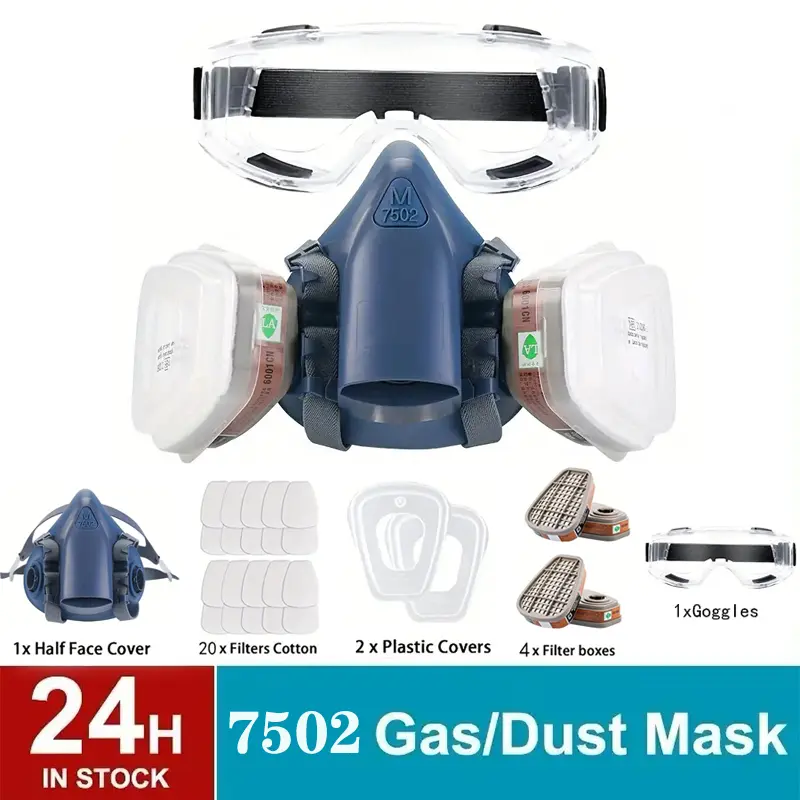 7502 Respirator Reusable Half Face Cover Gas Mask with Safety Glasses, Filters for Painting, chemical, Organic Vapor, Welding, Polishing, Woodworking and Other Work Protection
