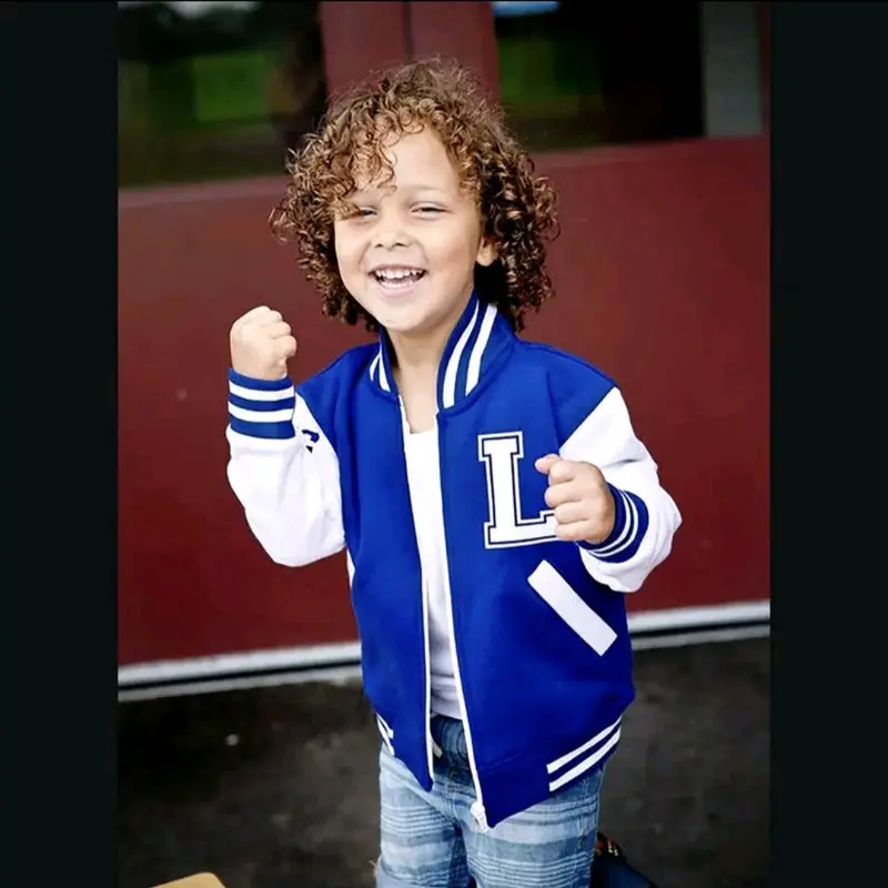 Jaket Baseball Retsleting Anak Logo Inisial L Size 1-12 Tahun Jaket Varsity Cowok Cewek Unisex Bahan Fleece Premium 2