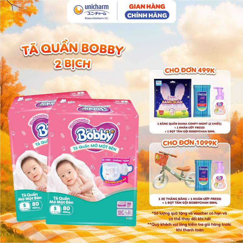   MỚI  Combo 2 Tã bỉm quần Mở Một Bên Bobby - Tiện Lợi Dễ Mặc - Size NB 70+6 S 80 M 62 Miếng 