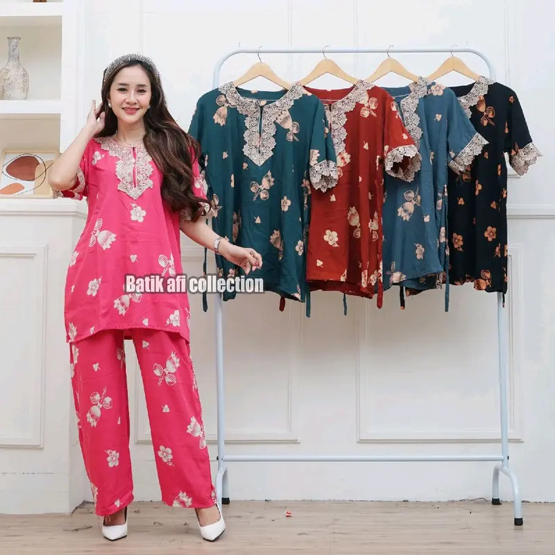 ONE SET RENDA KEKINIAN TERBARU BAHAN RAYON TEBAL Baju Celana Setelan Wanita 4