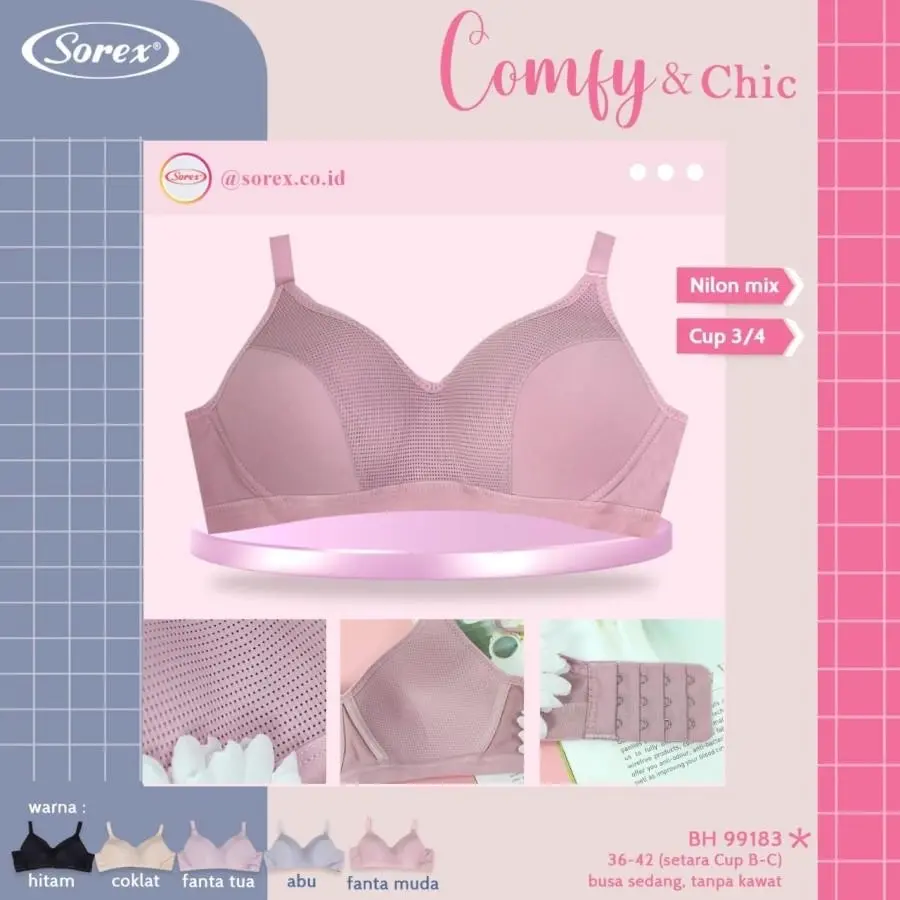 Bra silky soft  99183 SOREX Busa Tipis Tanpa Kawat Cup B Size 36-42