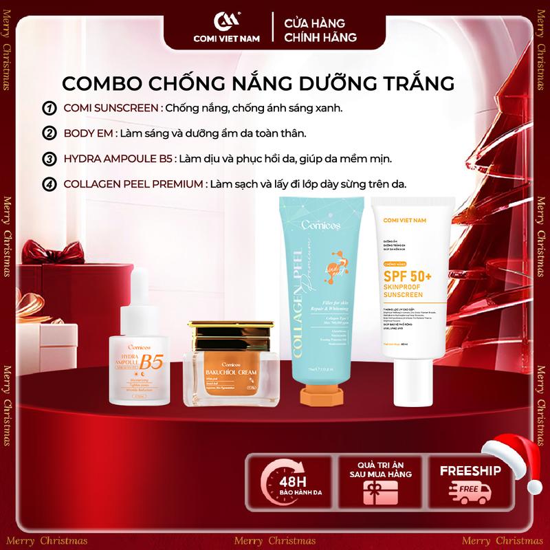   COMI VIETNAM  Combo Hỗ Trợ Chống Nắng & Dưỡng Trắng: 1 Kem Chống Nắng SPF 50+ - 1 Peel Collagen 4K 75ml + 1 Serum B5 HA 20ml + 1 Kem Face Huyết Yến Bakuchiol 20g 