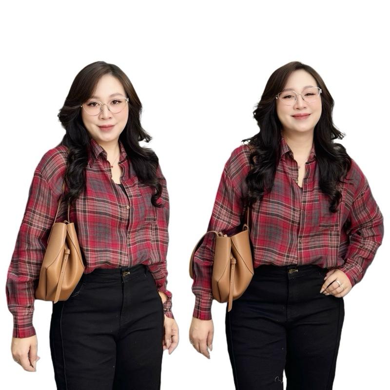 Áo sơmi giấy kẻ đỏ bigsize nữ (21398) Top