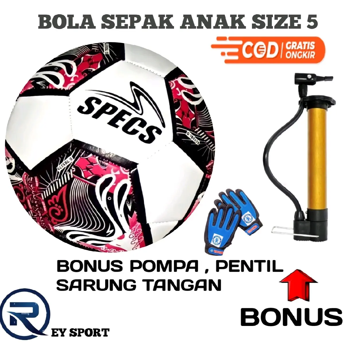 Bola Sepak No 5 Logo Specs Merah Bonus Pompa Ball Outdoor Kaki