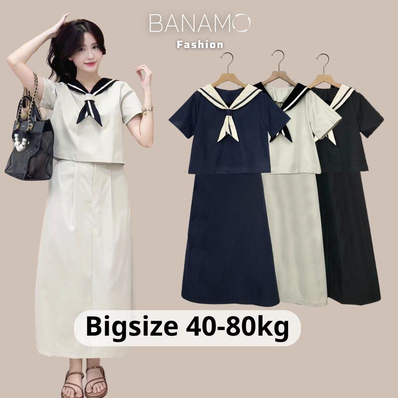 Set Nữ BIGSIZE Banamo Fashion Áo Cổ Thủy Thủ Cộc Tay Kèm Khăn Mix Chân Váy Dáng Dài Siêu Xinh 187 Women Dress Bigsize 40-80kg Chất Liệu Kaki Thô Phong Cách Thủy Thủ