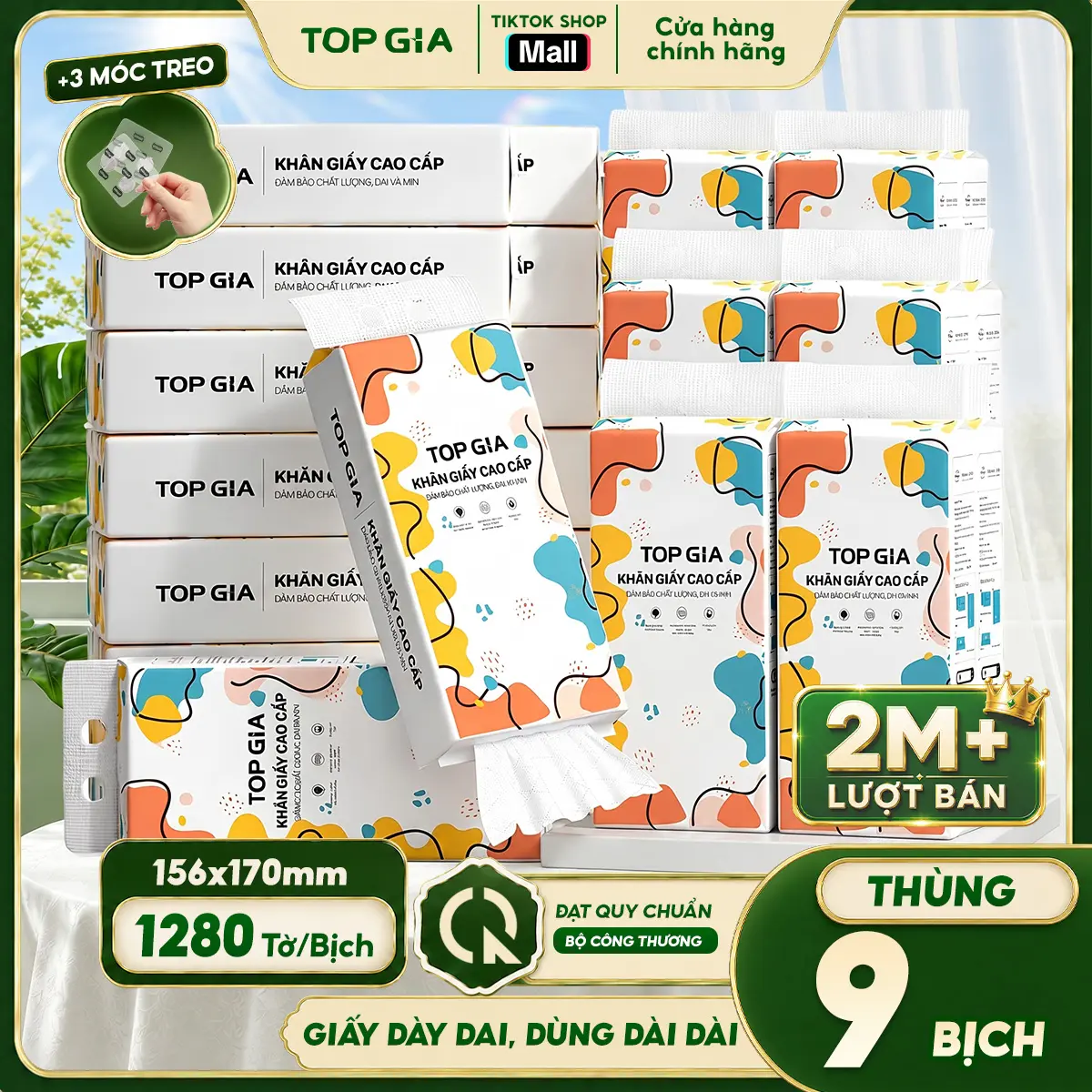 [SIÊU ĐA NĂNG - GIẤY LỚN SIÊU ĐỈNH] Combo 9 Bịch Khăn Giấy Cỡ Đại Premium - 1280 Tờ/Bịch, 4 Lớp Mềm Mịn (Tặng 3 Móc Treo) Giấy Rút Treo Tường Đa Sắc Giấy Ăn Tiện Lợi, Đạt Quy Chuẩn Bộ Công Thương RDS17
