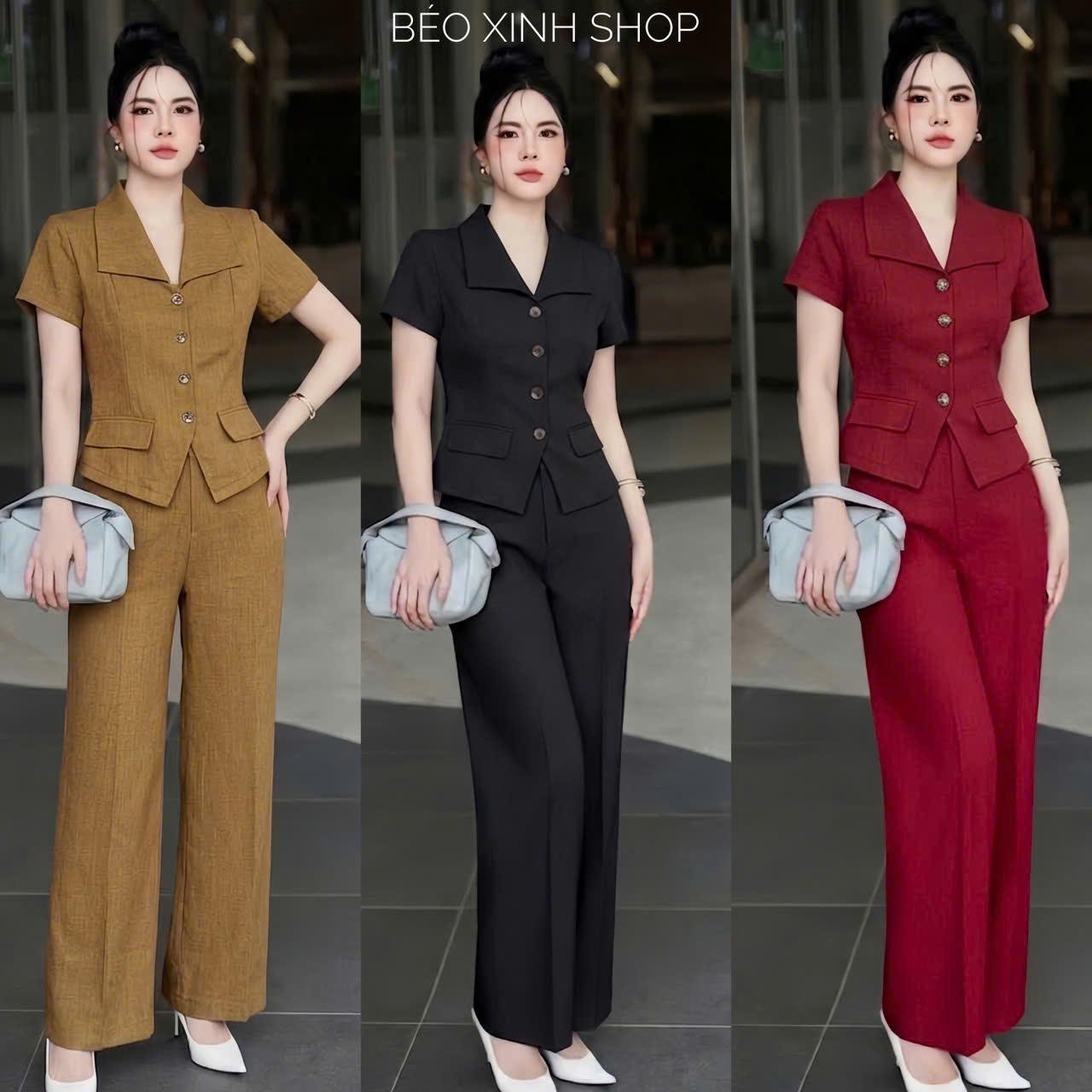 Set Quần Áo Nữ Áo Nữ Cổ Tim Phối Sơ Mi Quần Ống Suông Vải Xước Cotton Hàn Cao Cấp Dễ Thương Nữ Top Women Xoè - A.1783