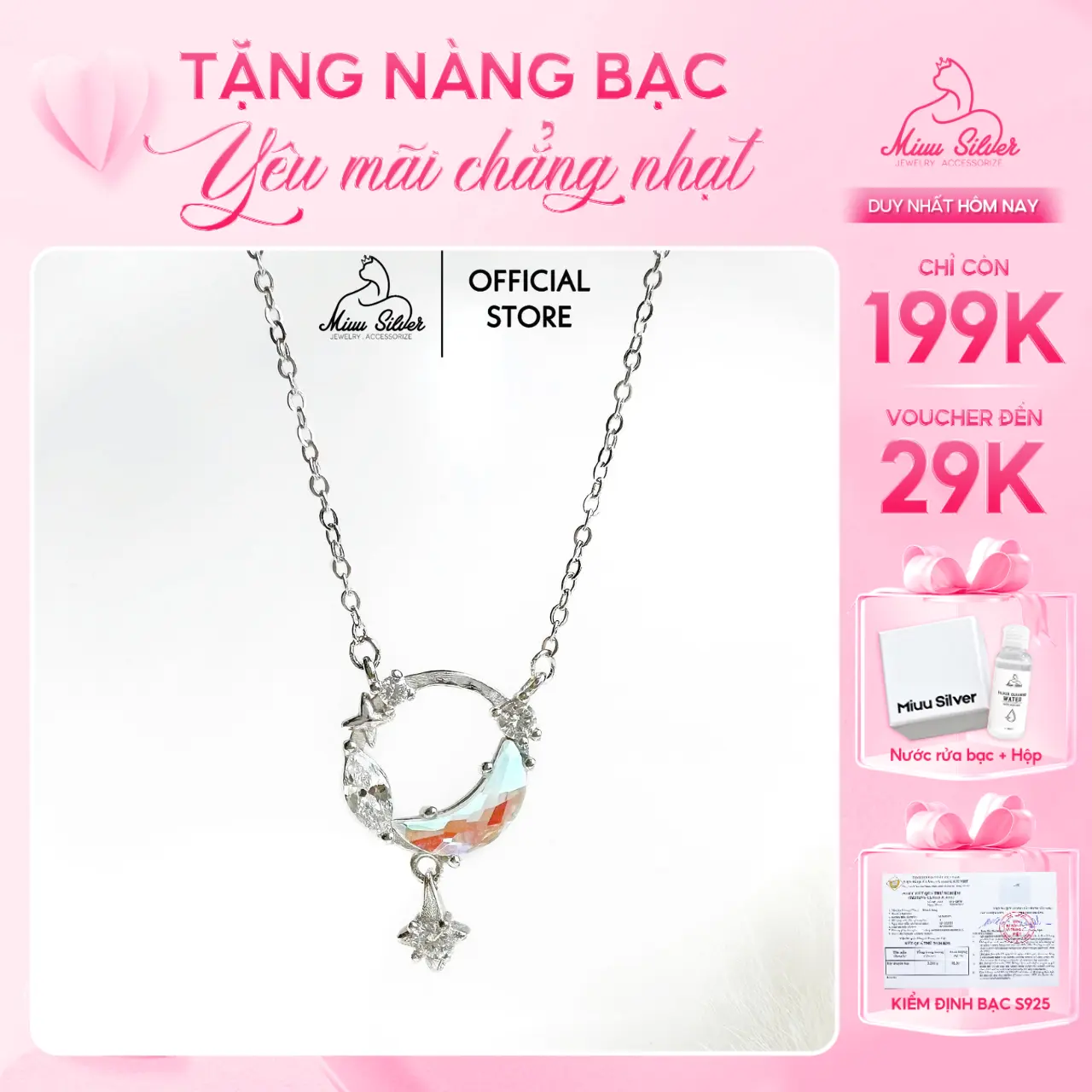 [Tặng 1 nước rửa bạc] Dây chuyền nữ Miuu Silver, vòng cổ bạc đính đá mặt trăng Moonstars