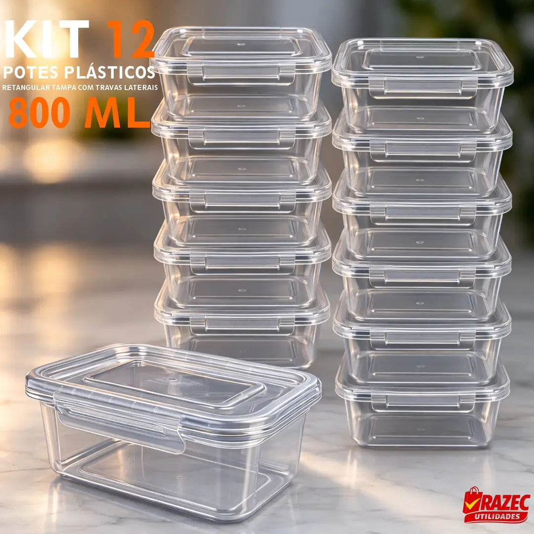 Kit Com 12 Potes 800ml Tampa Com Trava Lavável Microondas Freezer Marmita Fitness Durável BPAFree