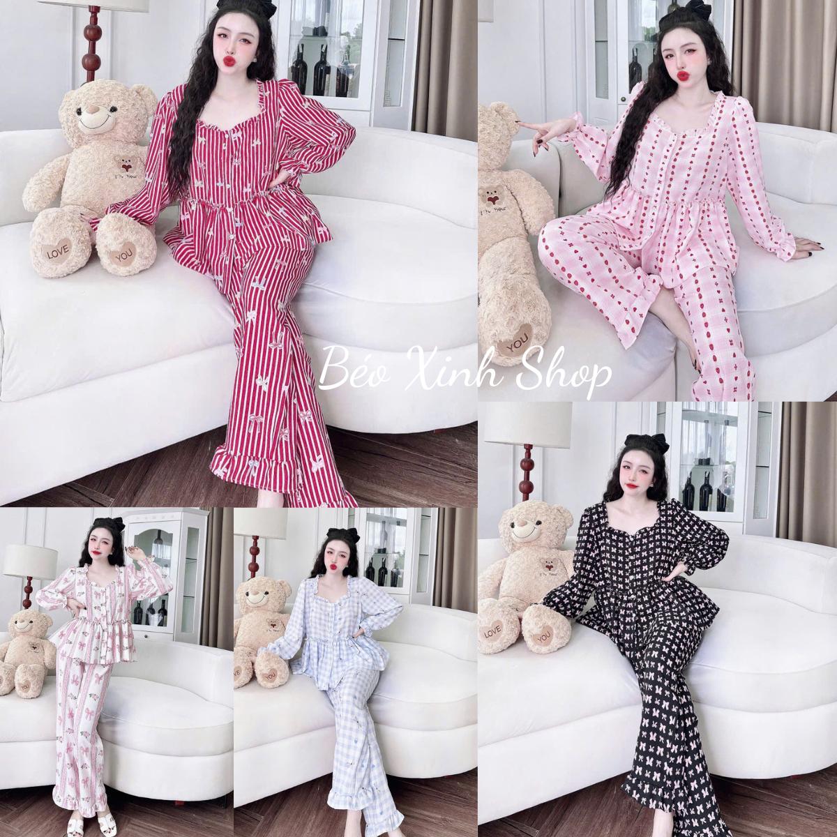 Đồ Bộ - Đồ Ngủ Tay Dài Quần Dài Vải Lụa Nhật Pijama Bigsize 50-100kg Bộ Ngủ Nữ Áo Ngủ Women Quần Ngủ - A.5642
