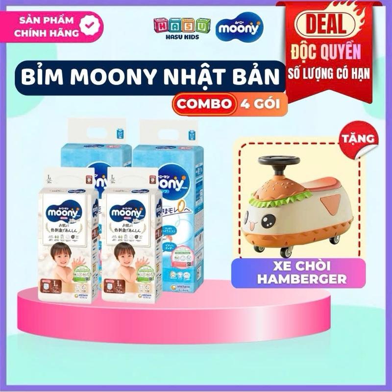   Deal Độc Quyền-TẶNG XE CHÒI HAMBURGER  COMBO 4 TÃ BỈM DÁN QUẦN MOONY NATURAL BLUE NHẬT BẢN CHO BÉ ĐỦ SIZE NB90 S84 M64 L54 XL44  M58  L44 XL38 XXL26 