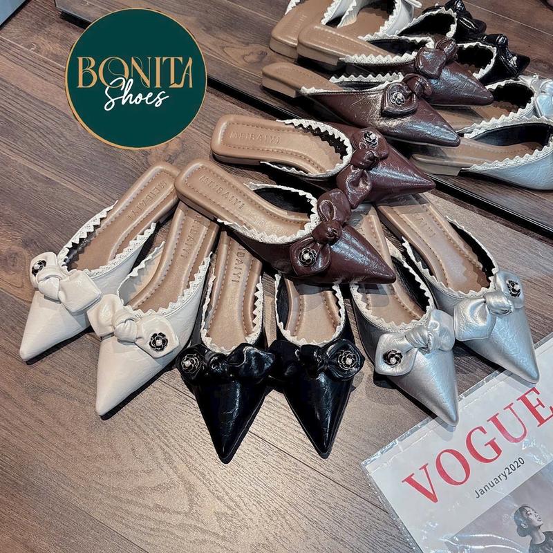 Dép nữ sục bít mũi nhọn nơ ú khoá bóng viền răng cưa - D22