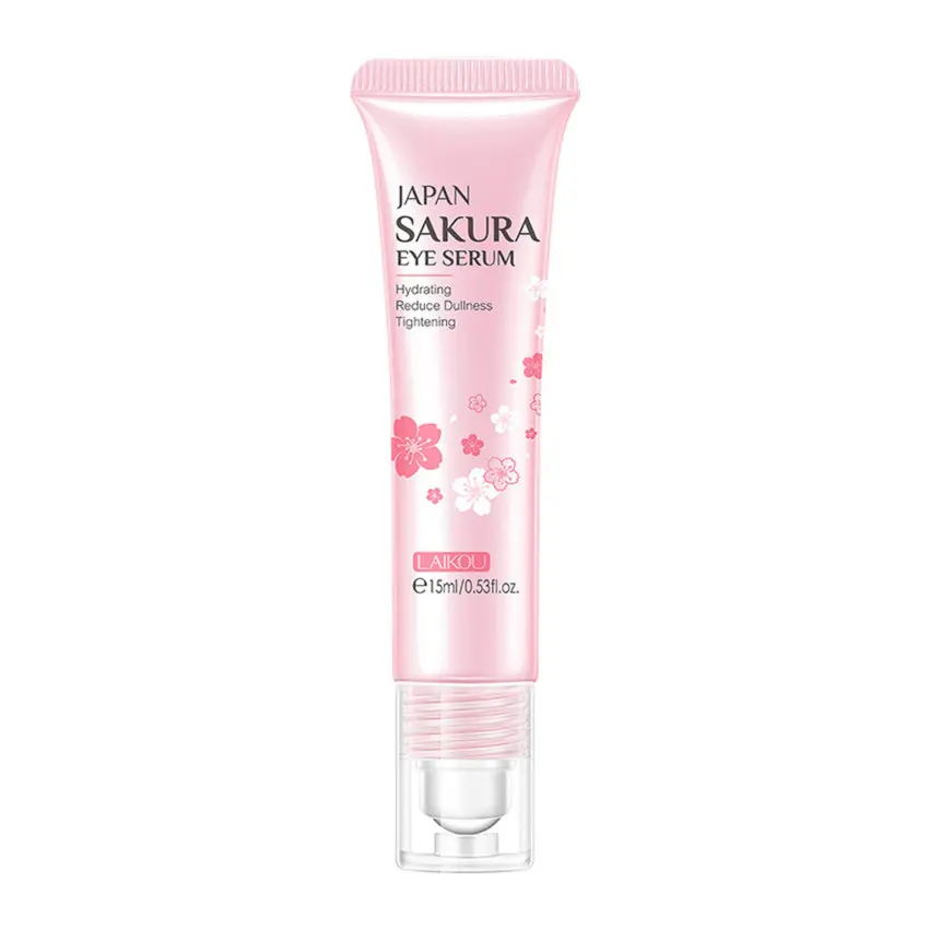 LAIKOU-Sakura serum mata, penggelek urut mata, vitamin C, asid hyaluronik, penjagaan kulit, kantung mata, krim pelembap untuk lingkaran hitam, 15ml