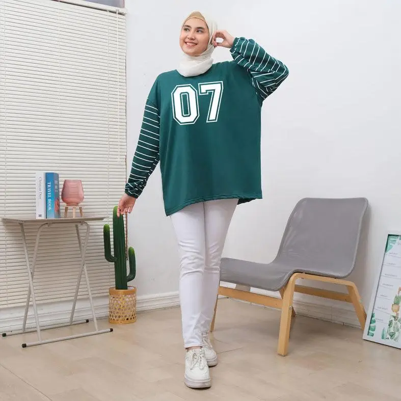 Baju Kaos Wanita Oversize Lengan Karet Salur Motif Angka 07 Print Babyterry - Panjang, Atasan 5