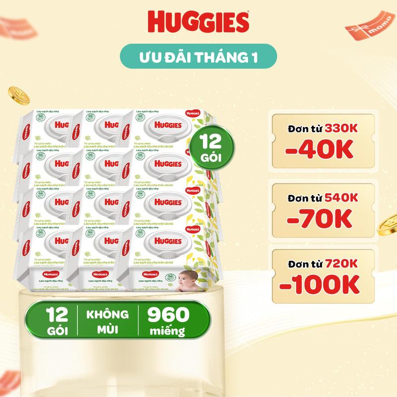 Creator Thùng 12 gói khăn giấy ướt không mùi cho trẻ sơ sinh HUGGIES Gói 80 tờ