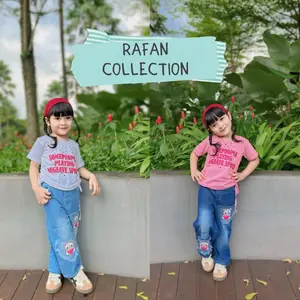 RAFAN COLLECTION Setelan Kulot Jeans Anak Perempuan & Kaos Serut Usia 2-8 Tahun Bahan Katun Soft Jeans & Katun Combat 30s Pinggang Elastis Size 2-7 Tahun