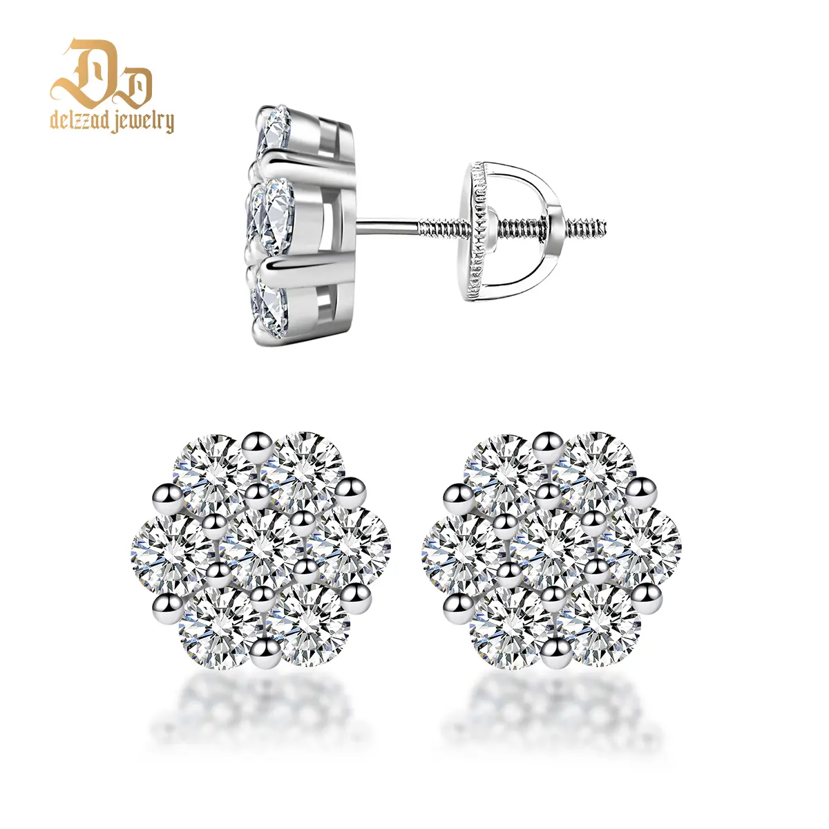 Delzzad S925 VVS Synthetic Moissanite Flower Stud Earrings Perfect Birthday Mother’s Day Gift for Men Women Silver Earrings Golden Earrings Wedding Set