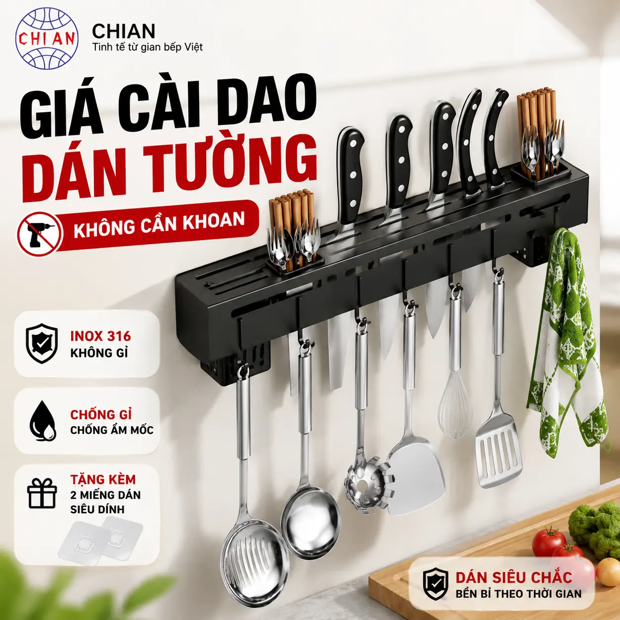 Kệ Để Dao Dán Tường Sơn Tĩnh Điện Chống Rỉ - Không Cần Khoan, Kèm Ống Đũa & Móc Treo Đa Năng