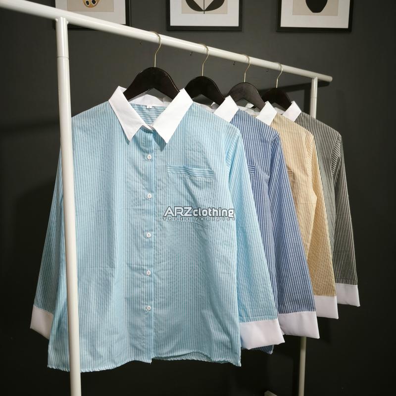 Kiyora Suzy Salur Lidi Kemeja Wanita Lengan Panjang - Stripe Shirt Kombinasi Putih Korean Style 1