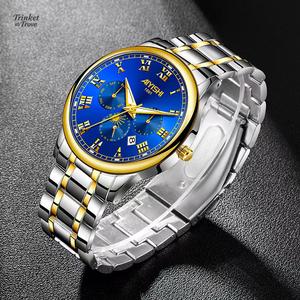 นาฬิกาข้อมือผู้ชาย นาฬิกาควอตซ์เรืองแสงสามเข็ม สายสแตนเลส กันน้ำ เรืองแสง แสดงเวลาและวันที่ วัสดุโลหะผสม ดีไซน์ประณีต