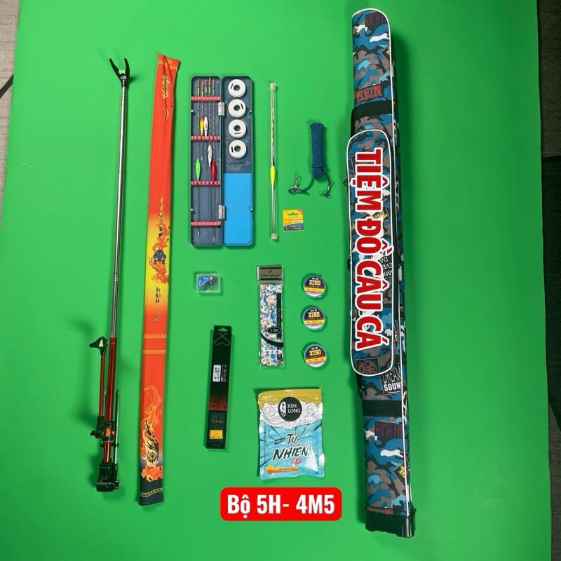 Bộ combo câu cá đầy đủ - Cần Câu 5H 4m5 - thẻo lưỡi bkk - dây cuốn cần - 3 trục câu - phao đêm - 5 phao ngày kèm hộp - bao đựng cần - chun bảo hiểm - mồi chép - gác cần câu.
