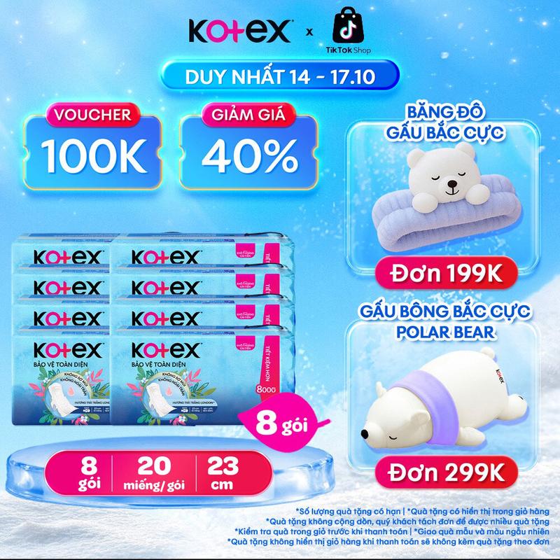 [GIÁ SỐC] 8 gói băng vệ sinh nữ Kotex Bảo Vệ Toàn Diện ban ngày 23cm Dày cánh Mặt lưới, Thấm hút tốt, Khử mùi ,Chống tràn, 20 miếng/gói, bvs kinh nguyệt nhiều, miễn phí vận chuyển, chính hãng, tampon, dành cho phụ nữ mang thai và sau sinh.