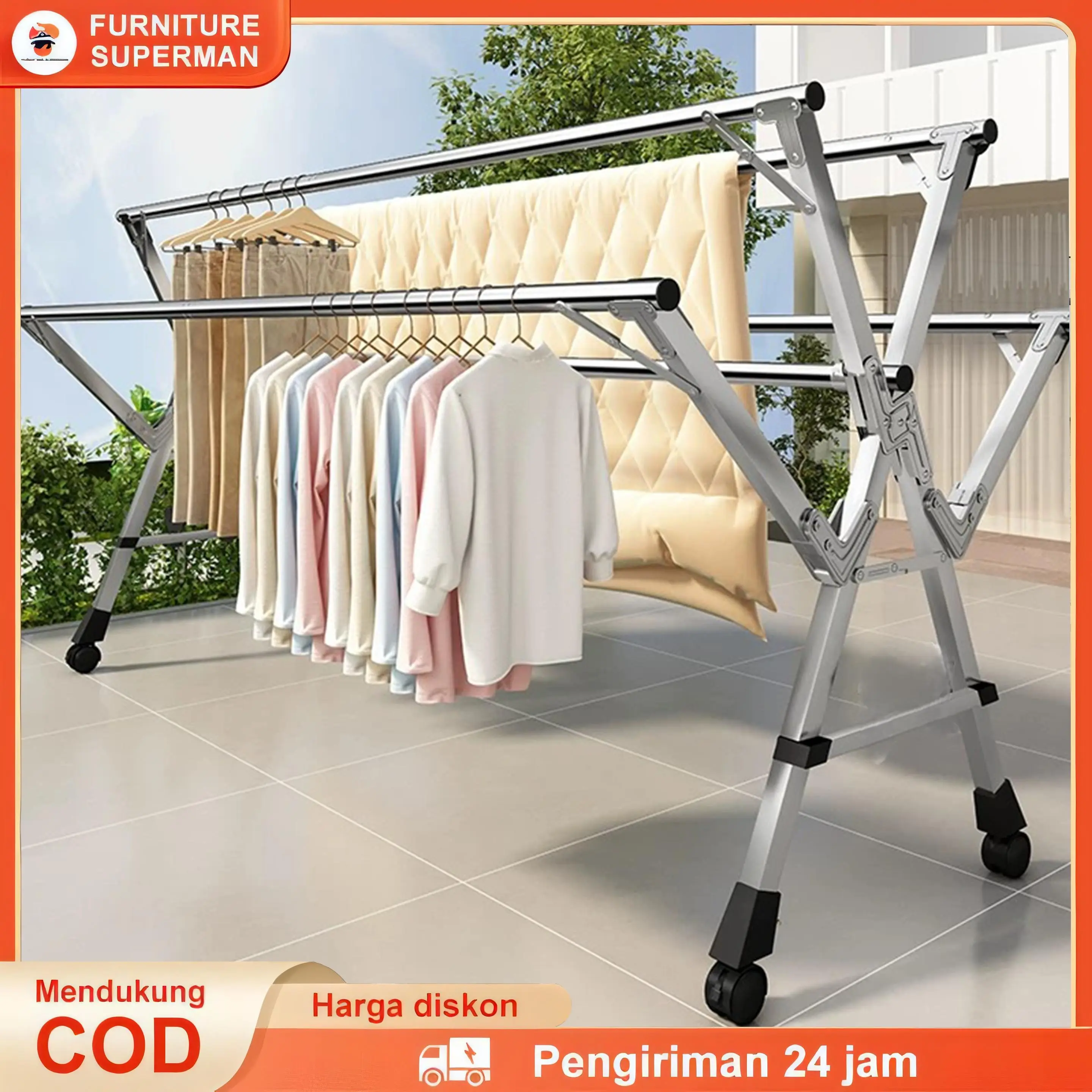 SP Jemuran Baju Lipat 5 Tiang Dengan Roda Jemuran Baju Lipat Stainless Steel Jemuran Pakaian Super Kuat,Kokoh Dan Anti Kara