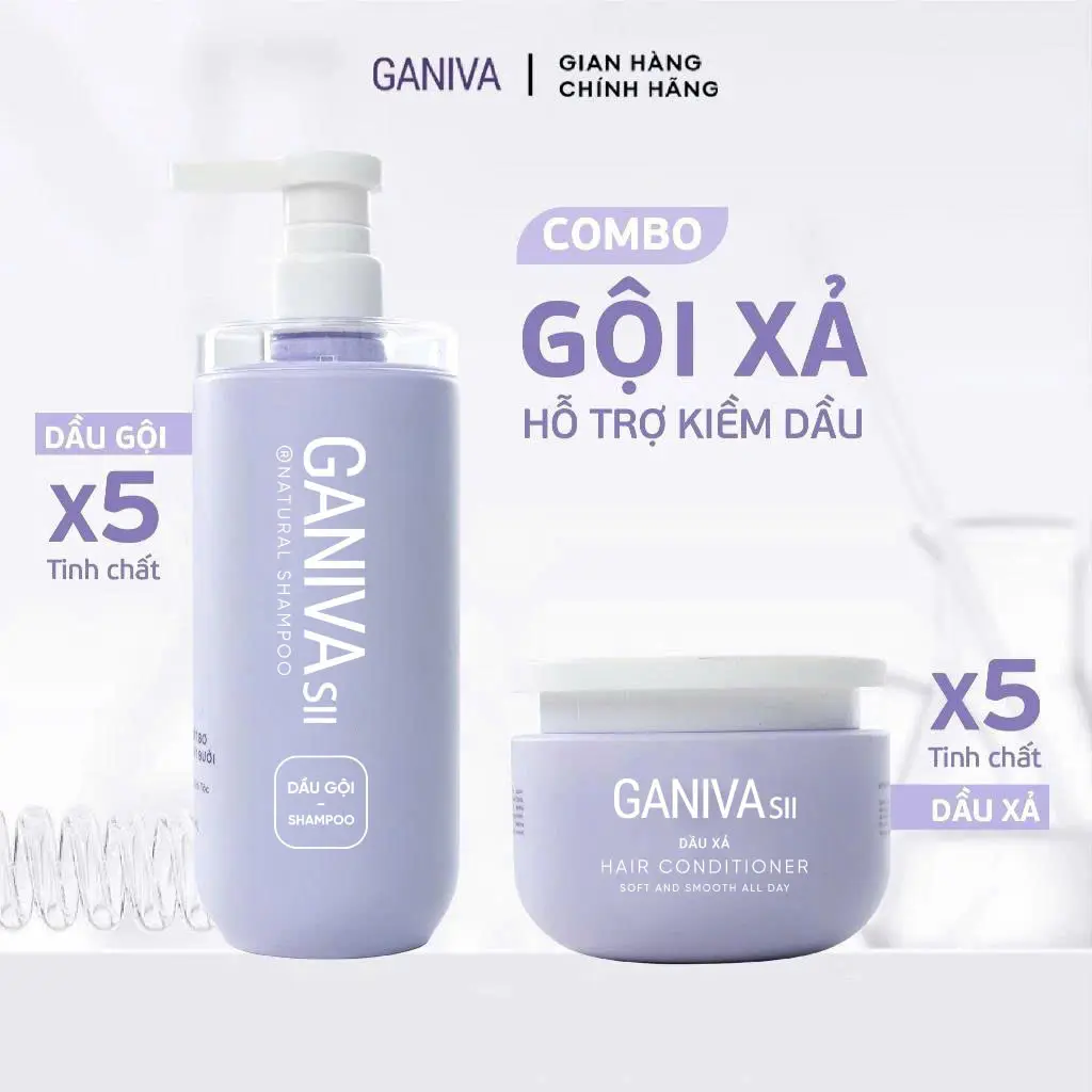 Combo Dầu Gội + Dầu Xả Ganiva - Bản Kiềm Dầu Tím - Chăm sóc tóc giúp tóc mềm mượt, chắc khỏe