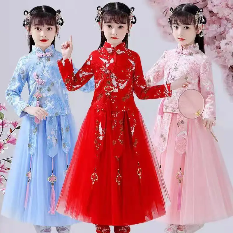 Hanfu girl spring and autumn dress children's super fairy Chinese national qipao dress ancient Tang costume