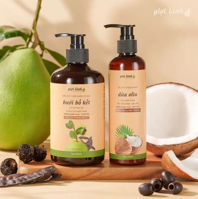 Cặp gội xả, dầu gội bưởi bồ kết - Dầu xả thiên nhiên dừa oliu giúp hỗ trợ mọc tóc, giảm rụng Giọt Lành