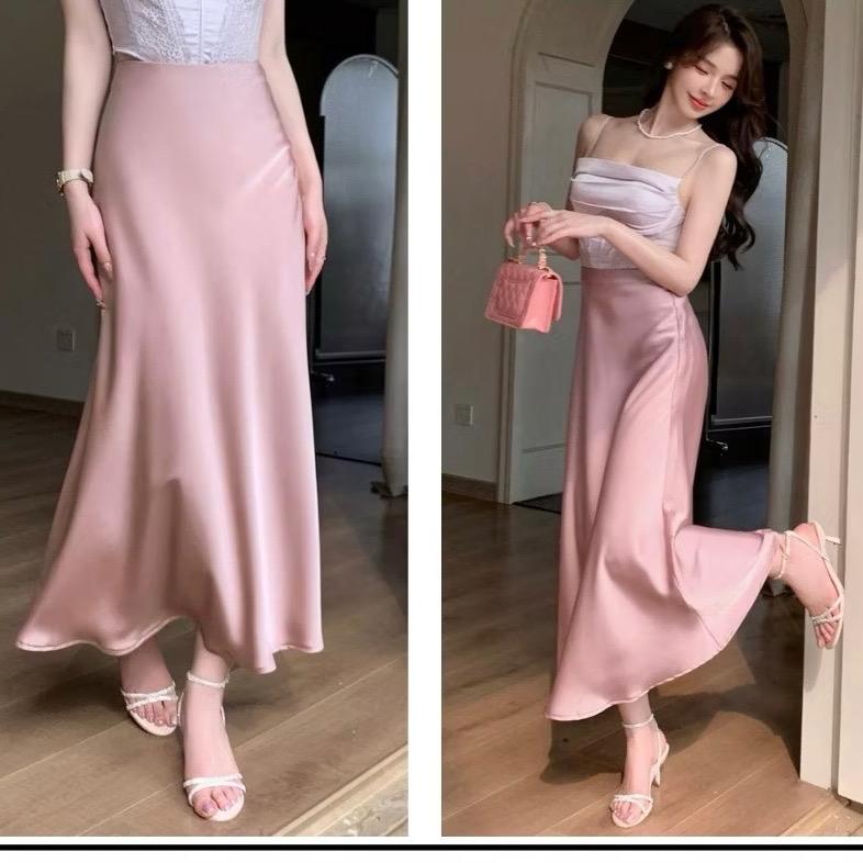  Chân váy lụa dài chân váy lụa midi dáng dài cạp chun trong kéo khoá sườn BIGSIZE 