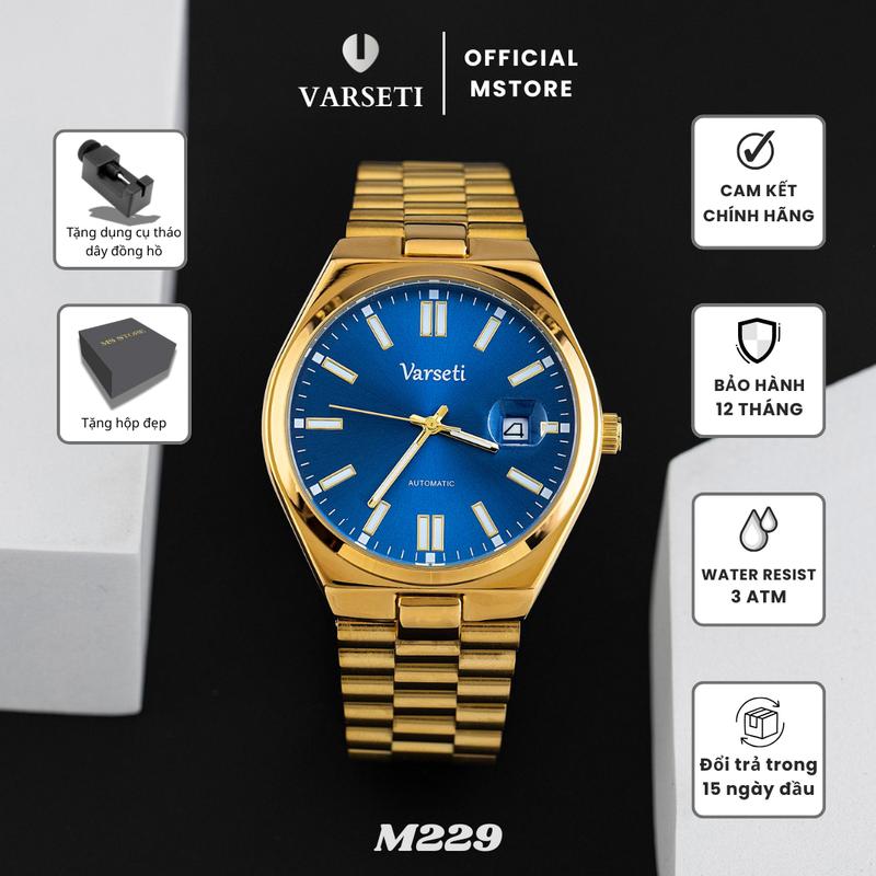 ĐÌNH TRƯỞNG M229 - Đồng hồ Cơ Varseti Automatic nam dây thép mạ vàng – Mặt xanh sunburst sang trọng lịch ngày kính lúp 3h – Lưng lộ máy phong cách doanh nhân