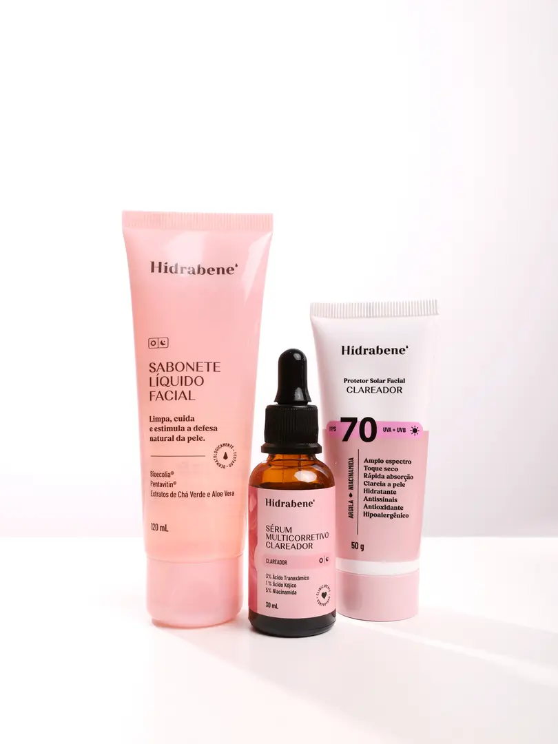 Kit Clareador Facial - Protetor Solar Facial FPS70 Clareador 50g + Sérum Multicorretivo Clareador 30ml + Sabonete Líquido Facial 120ml