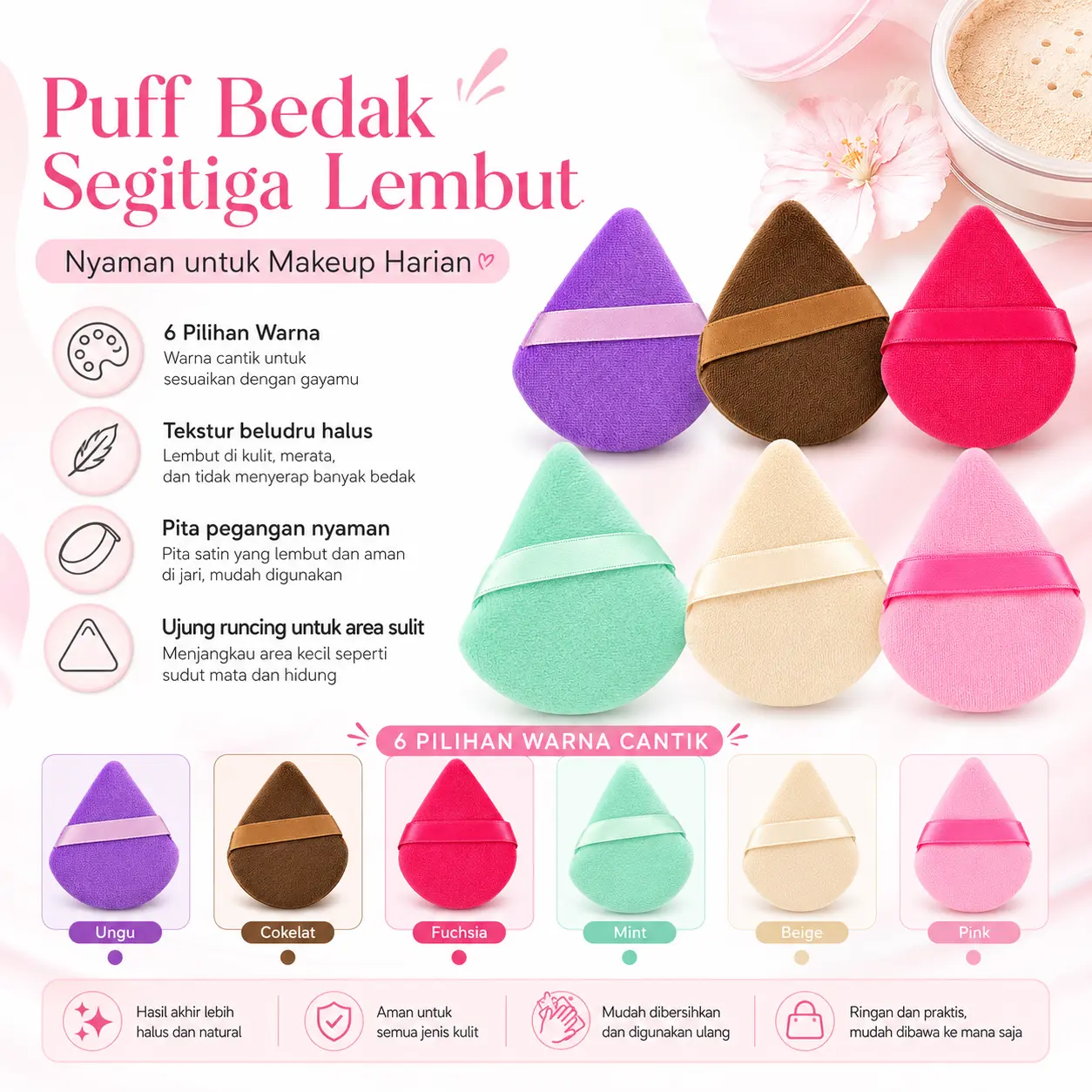Puff Bedak Segitiga Lembut dengan Tali Pegangan | Spons Makeup Velour untuk Bedak Tabur, Bedak Padat & Touch Up Wajah