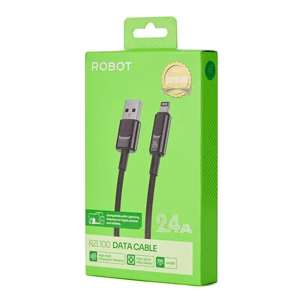 Kabel Data Fast Charging Robot RZL100 USB To Lightning Cable Data Iph0ne 24A Black Alloy Design