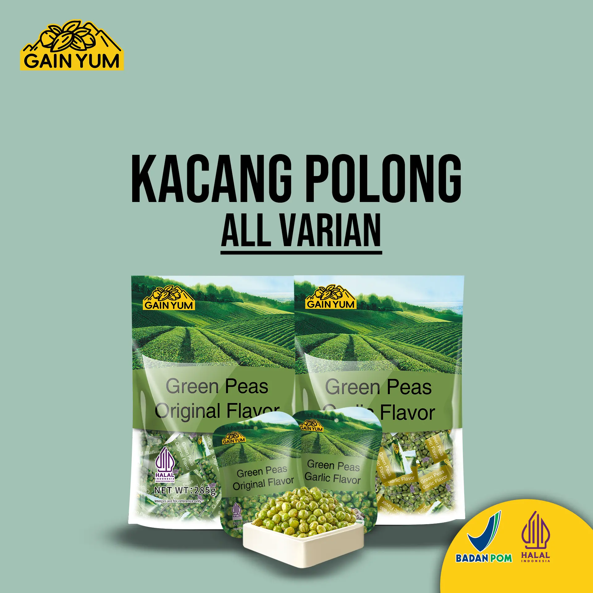 [ ALL VARIAN ] Gain Yum - Kacang Polong Rasa Original dan Bawang Putih ( 75 Gr dan 285 Gr )