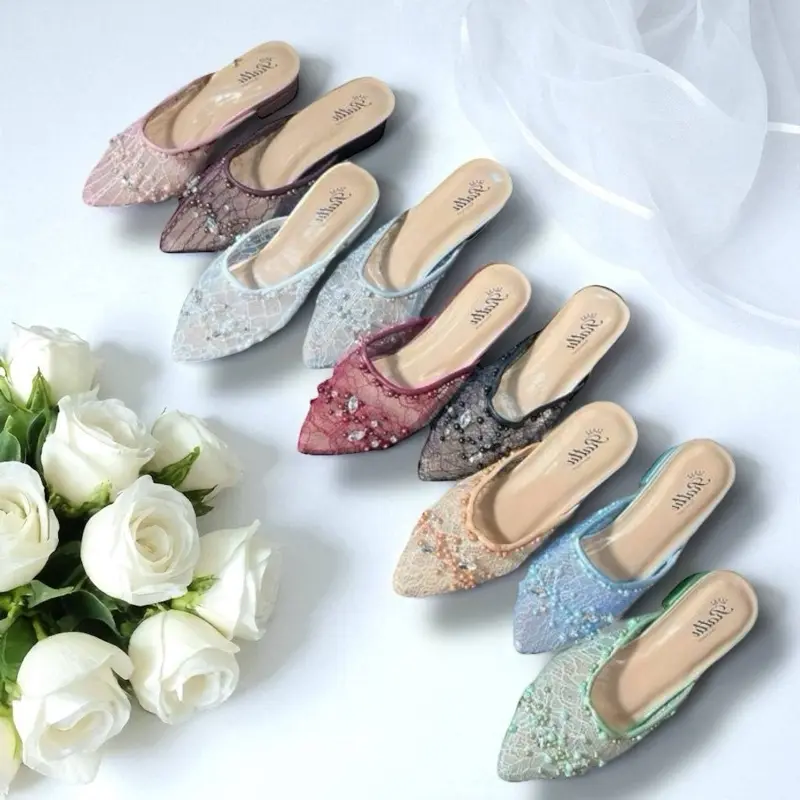 Sepatu Wanita pesta Payet Maryam Brukat Hak 3cm - Ukuran 36-41 - Karet, Kasual, Heels, Shoes, Sendal, Putih 0