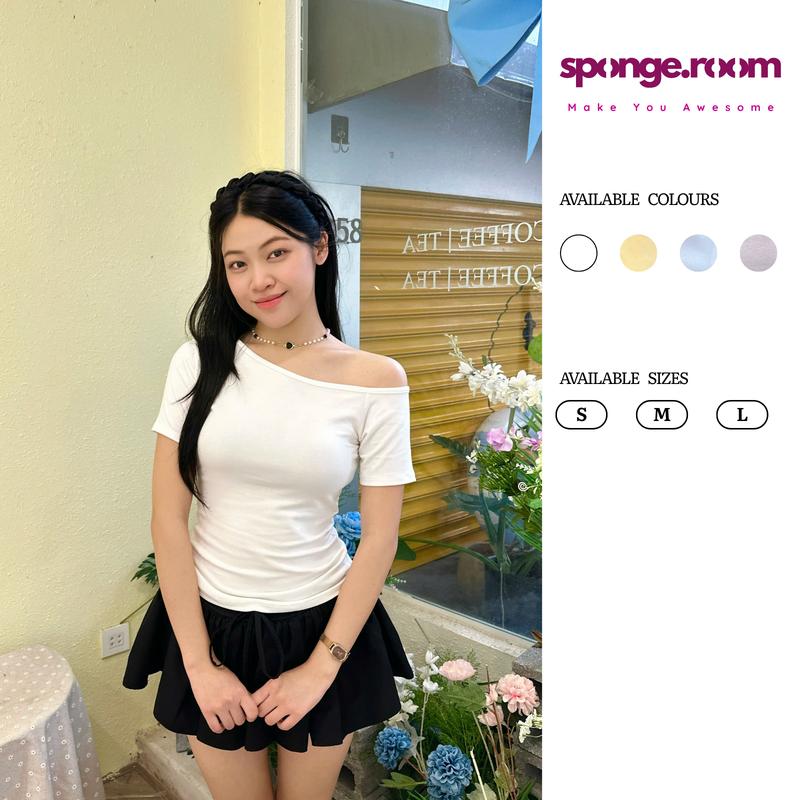 Áo thun nữ lệch vai ngắn tay SPONGE.ROOM ôm body tone pastel basic Women-A12