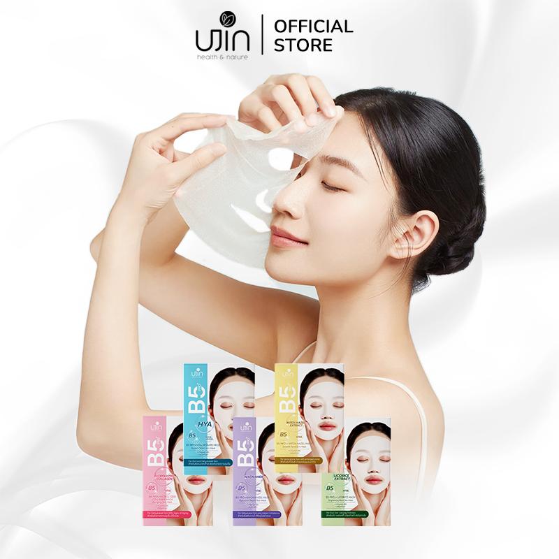 （10ชิ้น）UJIN B5 PRO Hyaluronic Acid Licorice Mask สำหรับผิวหมอง มีรอยคล้ำ ผิวไม่กระชับ